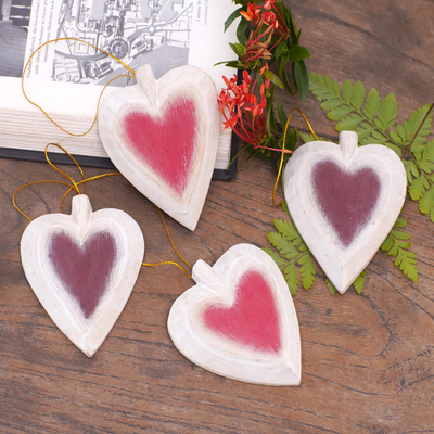 Set of Four Painted Wood Heart Ornaments from Bali, 'Ruby Hearts